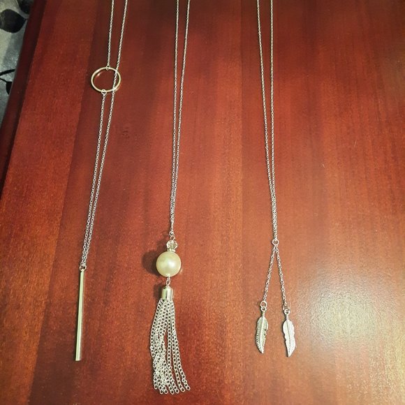 3 Silver Tone Long Statement Pendant Necklaces - Picture 1 of 12